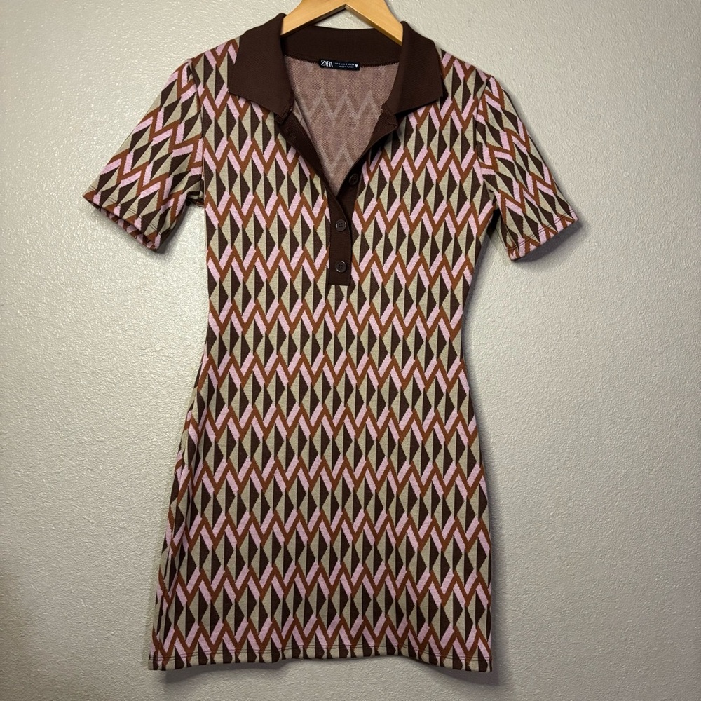 Zara Multicolor Geometric Knit Sweater Mini Polo Dress size S